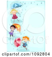 Poster, Art Print Of Border Of Girls Playing With Umbrellas And Rain With Blue Copyspace
