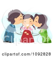 Poster, Art Print Of Mom And Dad Kissing Their Daughter On Her Cheeks Over Blue