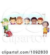 Poster, Art Print Of Happy Diverse Summer Camp Children By A Blank Banner
