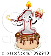 Poster, Art Print Of Happy One First Birthday Candle Holding A Noise Maker And Present On A Cake