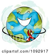 Poster, Art Print Of Happy Earth Holding A Red Aids Awareness Ribbon