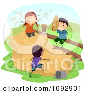 Happy Kids Playing In A Hay Stack On A Farm