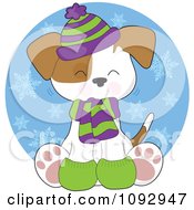 Poster, Art Print Of Cute Winter Pupy Wearing Warm Accessories Over A Snow Circle