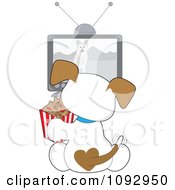 Poster, Art Print Of Cute Puppy Eating Doggy Biscuits And Watching A Dog Tv Show