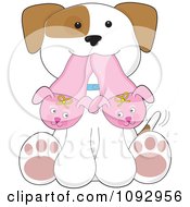 Poster, Art Print Of Cute Puppy Sitting With Bunny Slippers In His Mouth