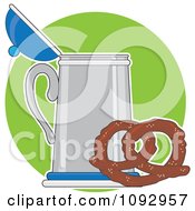 Poster, Art Print Of Soft Pretzel And Beer Stein Over A Green Circle