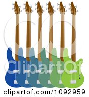Line Up Of Blue And Green Base Guitars