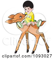Poster, Art Print Of Little Boy Sitting On A Friendly Deer