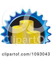Poster, Art Print Of Stacks Of Gold Dollar Coins In A Blue Gear