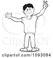 Poster, Art Print Of Outlined Boy Holding Up Bunny Ears Peacve Or Victory