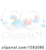 Two Pink Birds Watching A Baby Sleep On An Arch In The Clouds