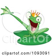 Clipart Happy Prince Frog Kicking A Leg On A Lily Pad Royalty Free Vector Illustration