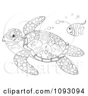 Poster, Art Print Of Outlined Swimming Sea Turtle And Fish