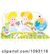Clipart Cat Watching A School Boy And Girl Do Their Homework Royalty Free Vector Illustration by Alex Bannykh