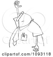 Clipart Outlined Chubby Businessman Raising His Hand To Ask A Question Royalty Free Vector Illustration