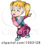 Clipart School Girl Holding A Bag And Pointing Back Royalty Free Vector Illustration
