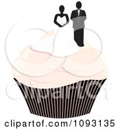 Clipart Pastel Pink Frosted Wedding Cupcake With A Bride And Groom Topper Royalty Free Vector Illustration