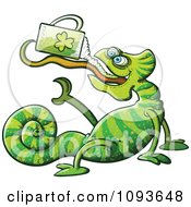 Clipart St Patricks Day Chameleon Drinking Green Beer - Royalty Free Vector Illustration by Zooco #COLLC1093648-0152