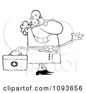 Poster, Art Print Of Outlined Waving Male Doctor With A First Aid Kit