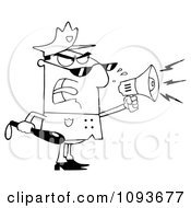 Clipart Black And White Male Police Officer Shouting Through A Megaphone Royalty Free Vector Illustration by Hit Toon