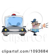 Clipart Strict Hispanic Male Police Officer Shouting Through A Megaphone By A Cop Car Royalty Free Vector Illustration by Hit Toon