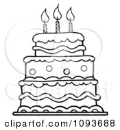 Clipart Outlined Layered Birthday Cake With Three Candles Royalty Free Vector Illustration