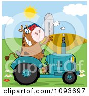 Poster, Art Print Of Cow Farmer Waving And Driving A Turquoise Tractor In A Field