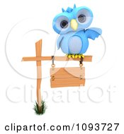 3d Blue Owl Resting On A Sign