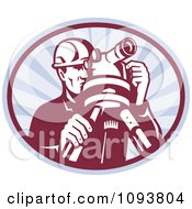 Clipart Retro Surveyor Using A Theodolite Over Gray Rays Royalty Free Vetor Illustration
