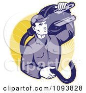 Poster, Art Print Of Retro Electrician Carrying A Heavy Plug