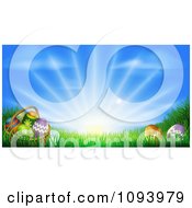 Poster, Art Print Of 3d Easter Basket And Eggs Set In Ggrass Under A Blue Sky With Sunshine