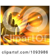 Poster, Art Print Of 3d Skyscrapers In An Urban City Block Against Orange Rays And Flares