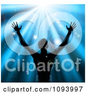 Clipart Silhouetted Man Holding Up His Arm Under Blue Rays Royalty Free Vector Illustration