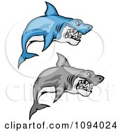 Clipart Grayscale And Blue Attacking Sharks Royalty Free Vector Illustration