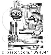 Poster, Art Print Of Kitchen Items And Food Black And White Woodcuts