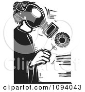 Man Wearing A Gas Mask And Holding A Flower Black And White Woodcut