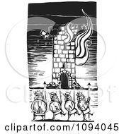 Poster, Art Print Of Vikings And A Burning Tower Black And White Woodcut
