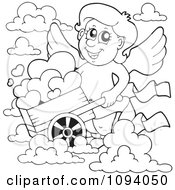 Poster, Art Print Of Outlined Valentine Cupid With A Wheelbarrow Of Hearts And Clouds