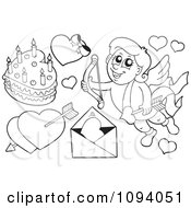 Poster, Art Print Of Outlined Valentine Cupid With Hearts A Love Letter And Cake