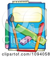 Poster, Art Print Of Blue Notebook With A Pencil Paintbrush Eraser Ruler And Pen