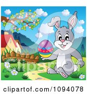 Clipart Easter Bunny Holding An Egg In A Meadow Royalty Free Vector Illustration