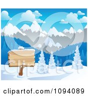 Clipart Winter Landscape Of A Blank Sign Snow And Mountains Royalty Free Vector Illustration