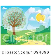 Poster, Art Print Of Full Sun With Puffy Clouds Over A Spring Landscape With A Blossoming Tree And Path