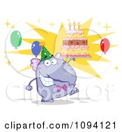 Clipart Purple Birthday Party Elephant Holding A Cake Royalty Free Vector Illustration