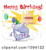 Poster, Art Print Of Purple Party Elephant Holding A Cake Under Happy Birthday Text