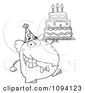 Clipart Outlined Party Elephant Holding A Birthday Cake Royalty Free Vector Illustration