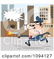 Poster, Art Print Of Male Police Officer Shouting Shooting And Running Through A City
