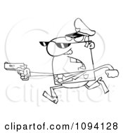Clipart Outlined Male Police Officer Running With A Gun Royalty Free Vector Illustration