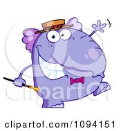 Happy Purple Elephant With A Cane And Hat Walking Upright And Waving