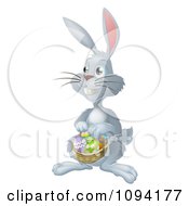 Poster, Art Print Of Gray Bunny Hunting Easter Eggs And Holding A Basket